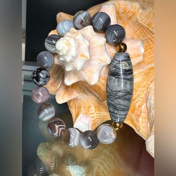 AGATE BANDED + NET JASPER NATURAL STONES BRACELET Size 7” - Picture 2 of 10